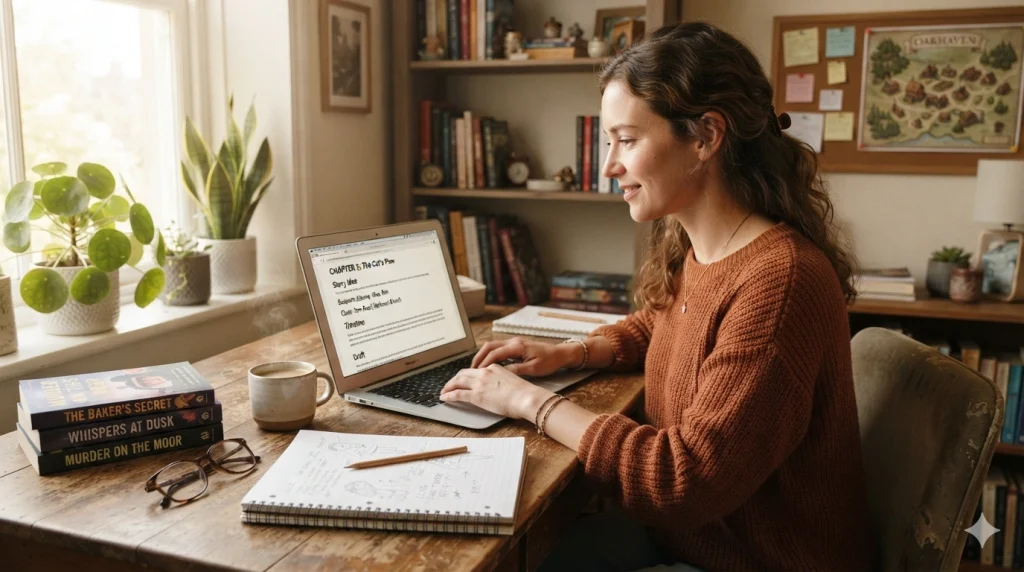 Beginner author using AI-assisted software to plan and write a cozy mystery novel