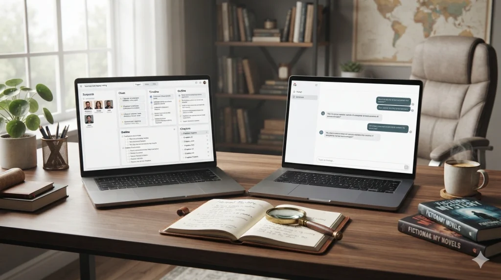 Comparison concept showing a structured mystery-writing workflow versus a generic AI writing interface