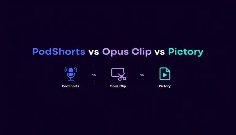 "Comparison graphic showing PodShorts, Opus Clip, and Pictory logos side by side for AI video tool comparison"