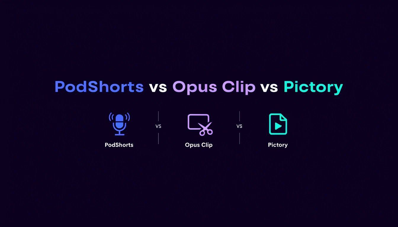 "Comparison graphic showing PodShorts, Opus Clip, and Pictory logos side by side for AI video tool comparison"