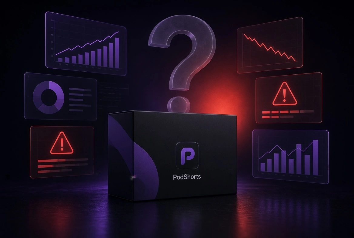 PodShorts product box on a dark background with bold text asking “Is PodShorts a Scam?” and “What to Know Before Buying”, accompanied by a glowing question mark and warning symbol