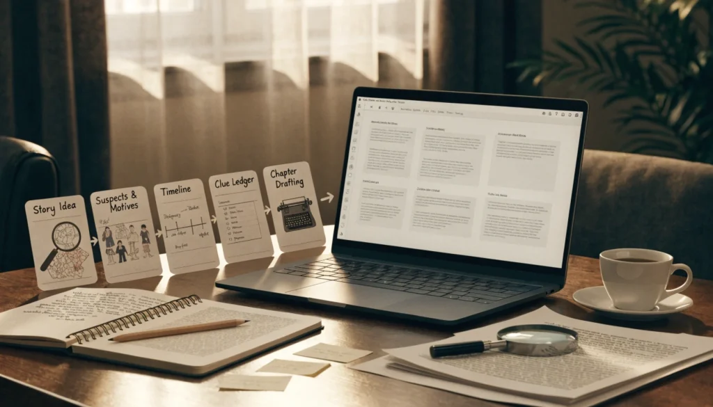 AI-assisted cozy mystery writing workflow from story idea to suspects, clues, timeline, and chapters
