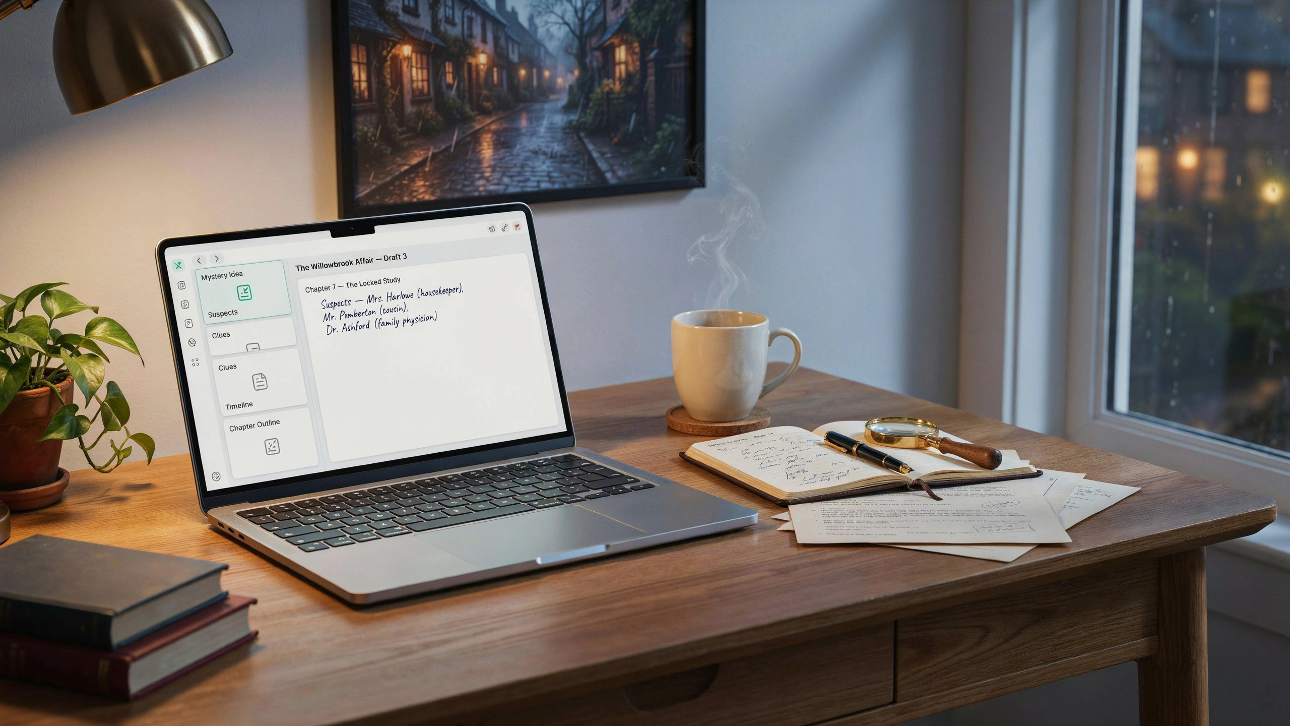 Cozy Mystery Novel Maker AI writing workspace for creating a cozy mystery novel