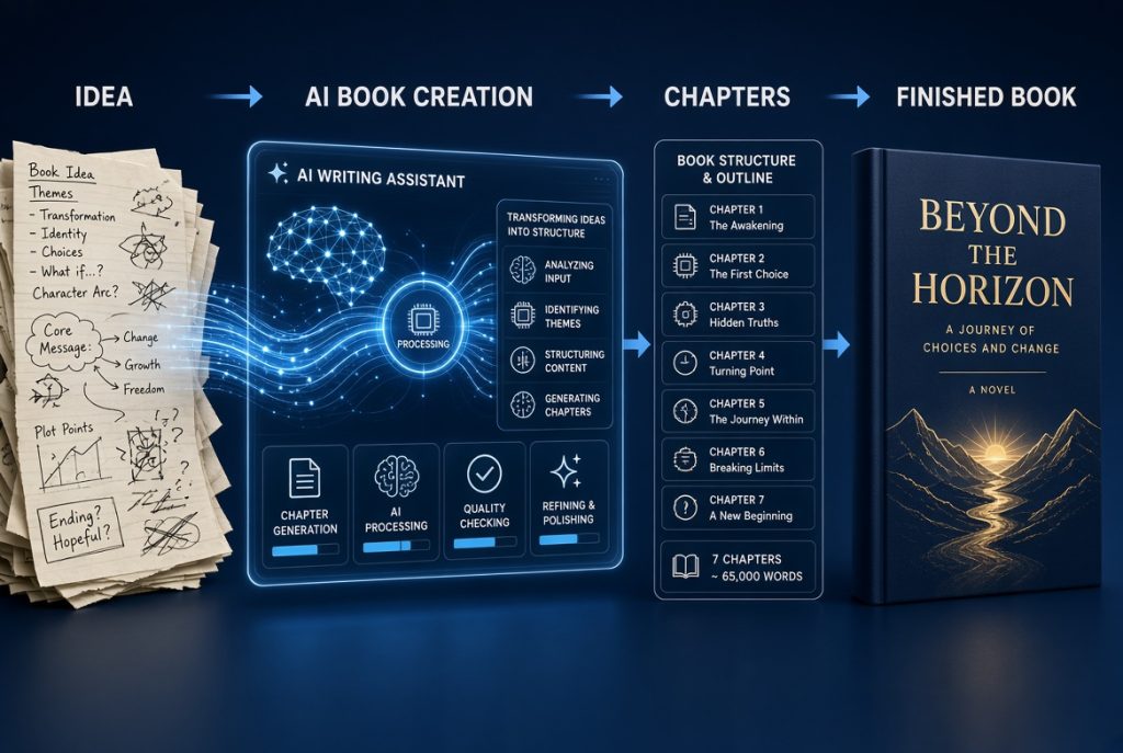 AI Book Machine demo showing AI book creation workflow from idea to finished book