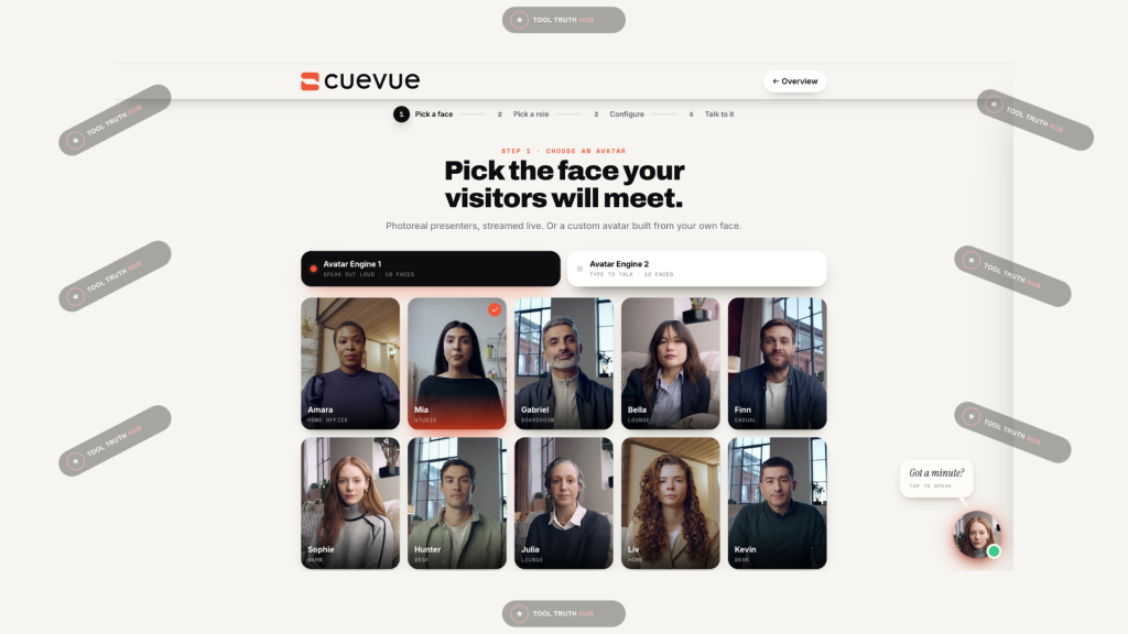 CueVue demo showing 10+ photoreal avatars including Amara, Mia, Gabriel, Bella, Finn, Sophie, Hunter, Julia, Liv, and Kevin across two avatar engines