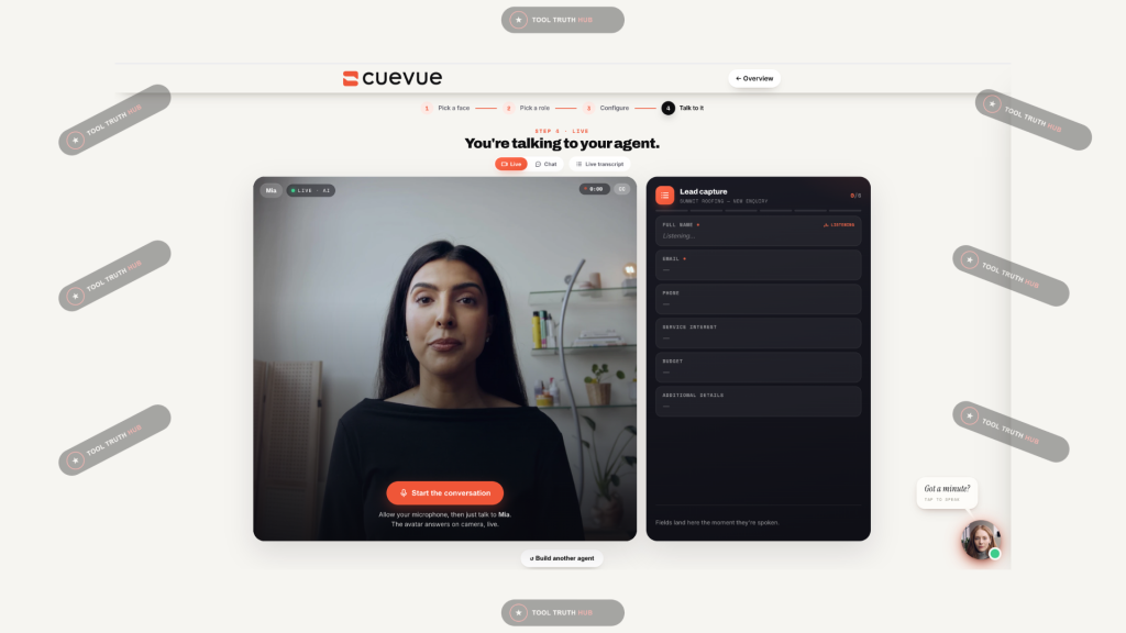 CueVue demo showing Mia the AI LiveRep ready to talk, with Lead Capture panel fields for name, email, phone, service interest, budget, and additional details