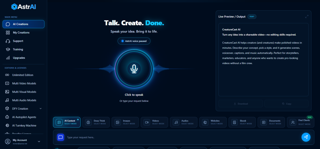 AstrAI AI Content mode generating a product description for CreatureCast AI an AI video creation tool
