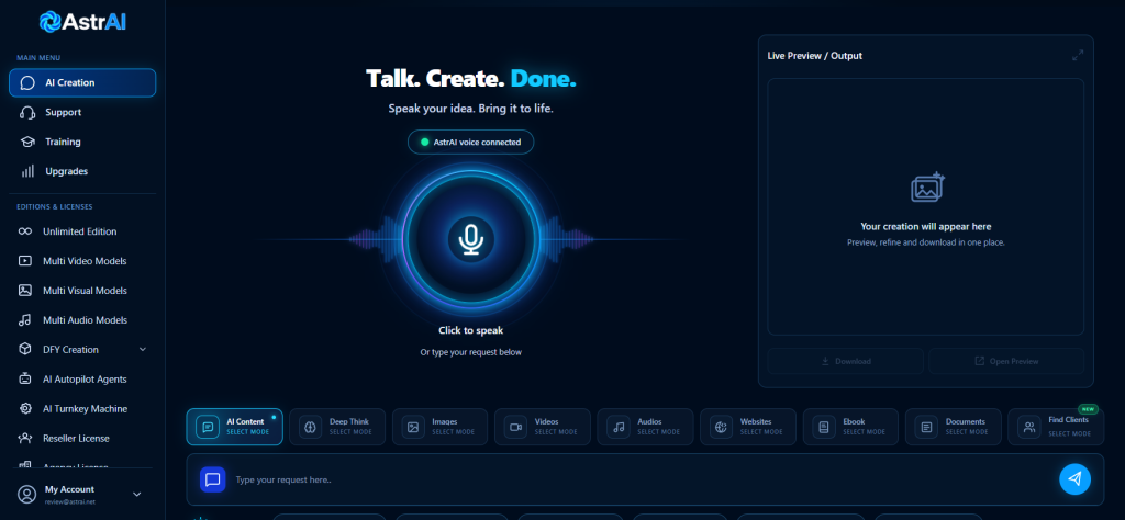 AstrAI dashboard overview showing voice-commanded AI studio with nine creation modes including AI Content, Images, Videos, and Find Clients