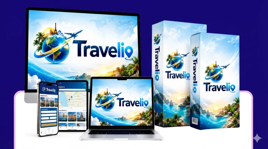 Travelio dashboard showing AI affiliate website builder with autopilot traffic sources and content generation