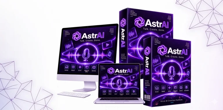 AstrAI Review 2026 – Voice-commanded AI studio dashboard with microphone interface and multi-mode output panels