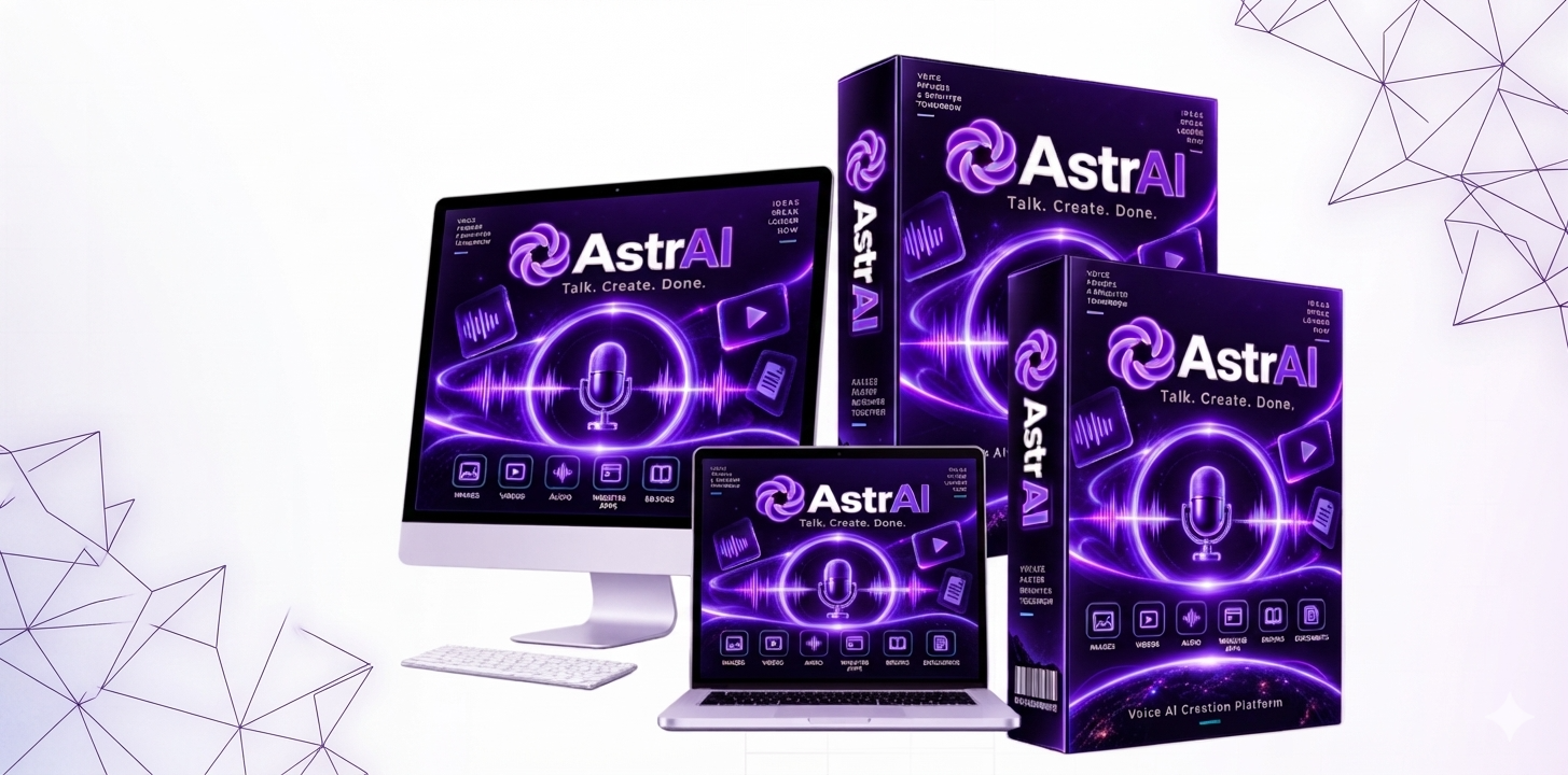 AstrAI Review 2026 – Voice-commanded AI studio dashboard with microphone interface and multi-mode output panels