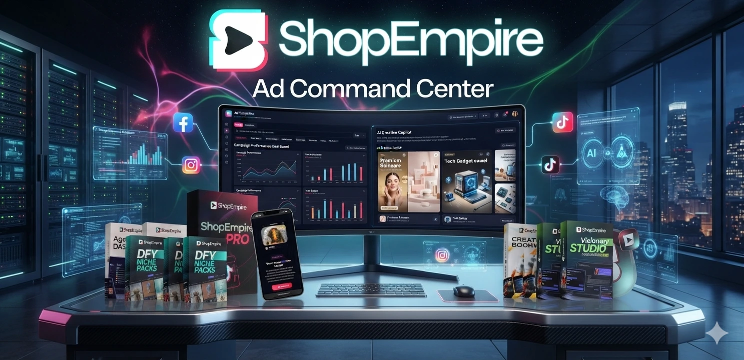 ShopEmpire Review 2026 – AI product video builder dashboard showing TikTok Shop product transforming into a branded video