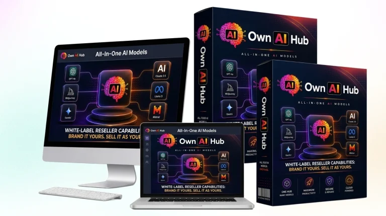 A high-quality 3D product mockup of the OwnAI Hub software, featuring an all-in-one AI models dashboard. The image displays the platform on a desktop monitor, laptop, and software boxes, showcasing a colorful brain logo and icons for GPT-4o, Claude 3.5, Midjourney, Gemini, and Llama 3, highlighting its white-label reseller capabilities.