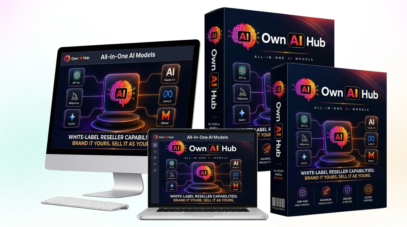 A high-quality 3D product mockup of the OwnAI Hub software, featuring an all-in-one AI models dashboard. The image displays the platform on a desktop monitor, laptop, and software boxes, showcasing a colorful brain logo and icons for GPT-4o, Claude 3.5, Midjourney, Gemini, and Llama 3, highlighting its white-label reseller capabilities.