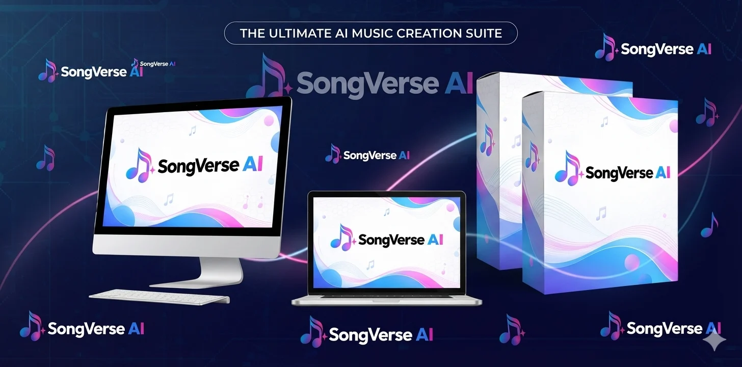 SongVerse AI dashboard showing AI music generation with lyrics, waveform, and video song preview