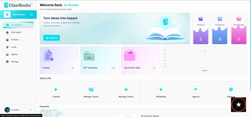 Claw Books AI dashboard overview showing Book Agent chat interface with prompt input and generated book preview