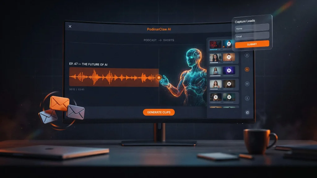 PodinarClaw AI dashboard showing EVA AI agent turning a podcast into vertical clips with lead capture pages