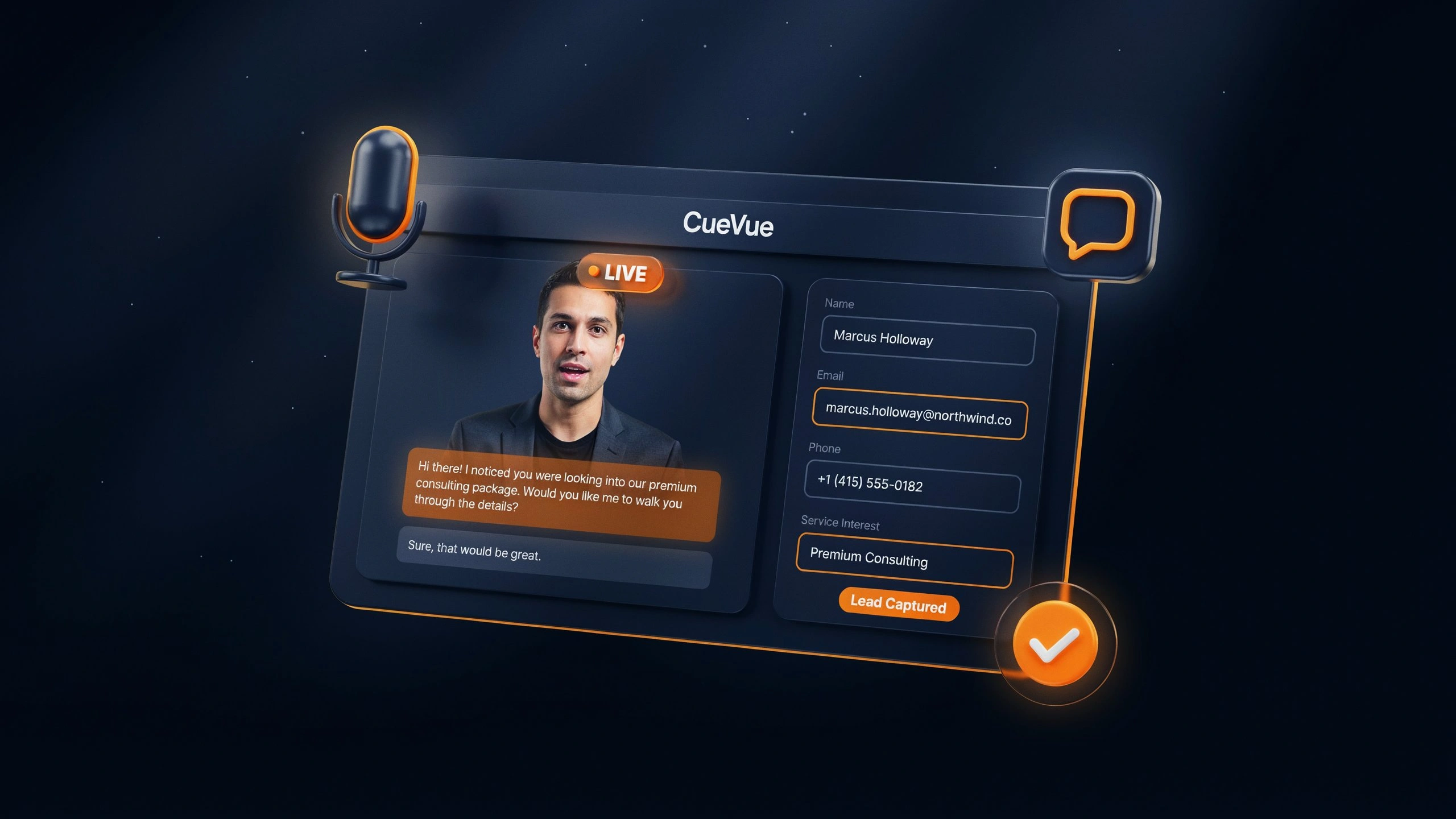 CueVue dashboard showing AI LiveRep in real-time conversation with lead capture panel populating as the visitor speaks