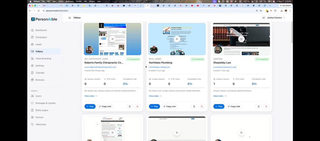 PersonAIble dashboard showing three completed personalized videos with analytics and completion status